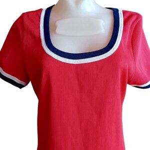 Vintage Women's T-shirt Large SIngle Stitch 80's Red Ribbed Knit Top Blue Trim